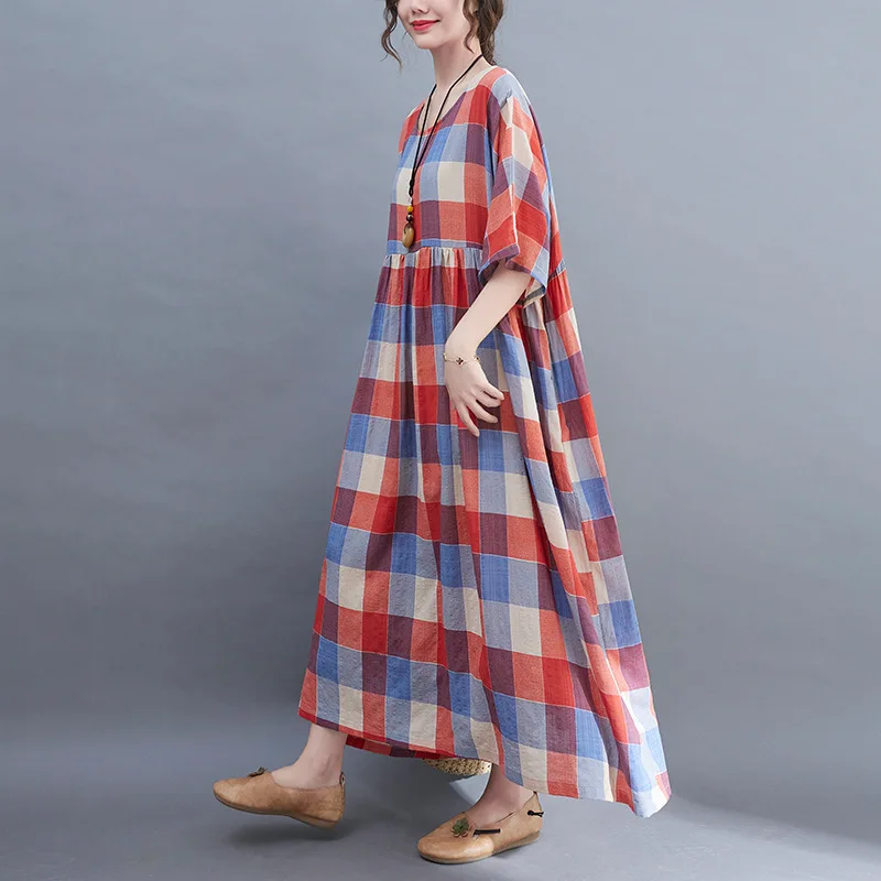 Johnature Summer Women Vintage Short Sleeve Plaid Dresses 2024 New Casual O-neck Red Pleated Simple Pullover Female Dresses