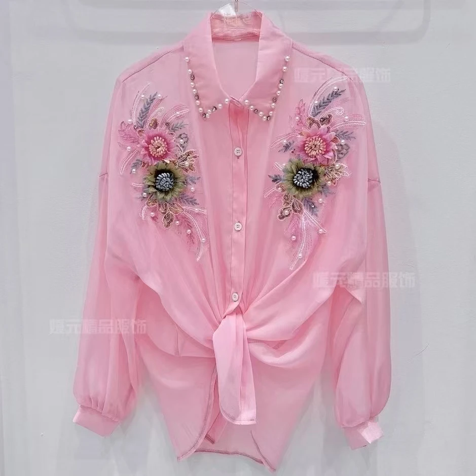 Heavy Industry 3D Flower Sun Protection Shirt Cardigan Women Heavy Industry Beads Diamond-Embedded Blouse Sweet Loose Top