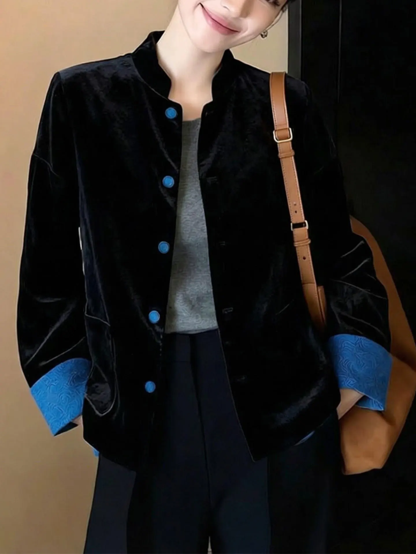 Picture 4: New Chinese Style Velvet Patchwork Jacket Women's Spring 2026 Black Stand Collar Button Double Sided Wear Commuting Top