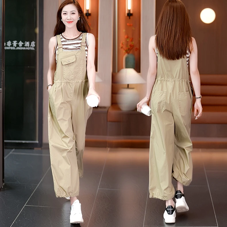 

Женский летний повседневный комплект из двух предметов цвета хаки: комбинезон-фуфу и брюки, с круглым вырезом, без рукавов, Cleanfit, коллекция 2024 года