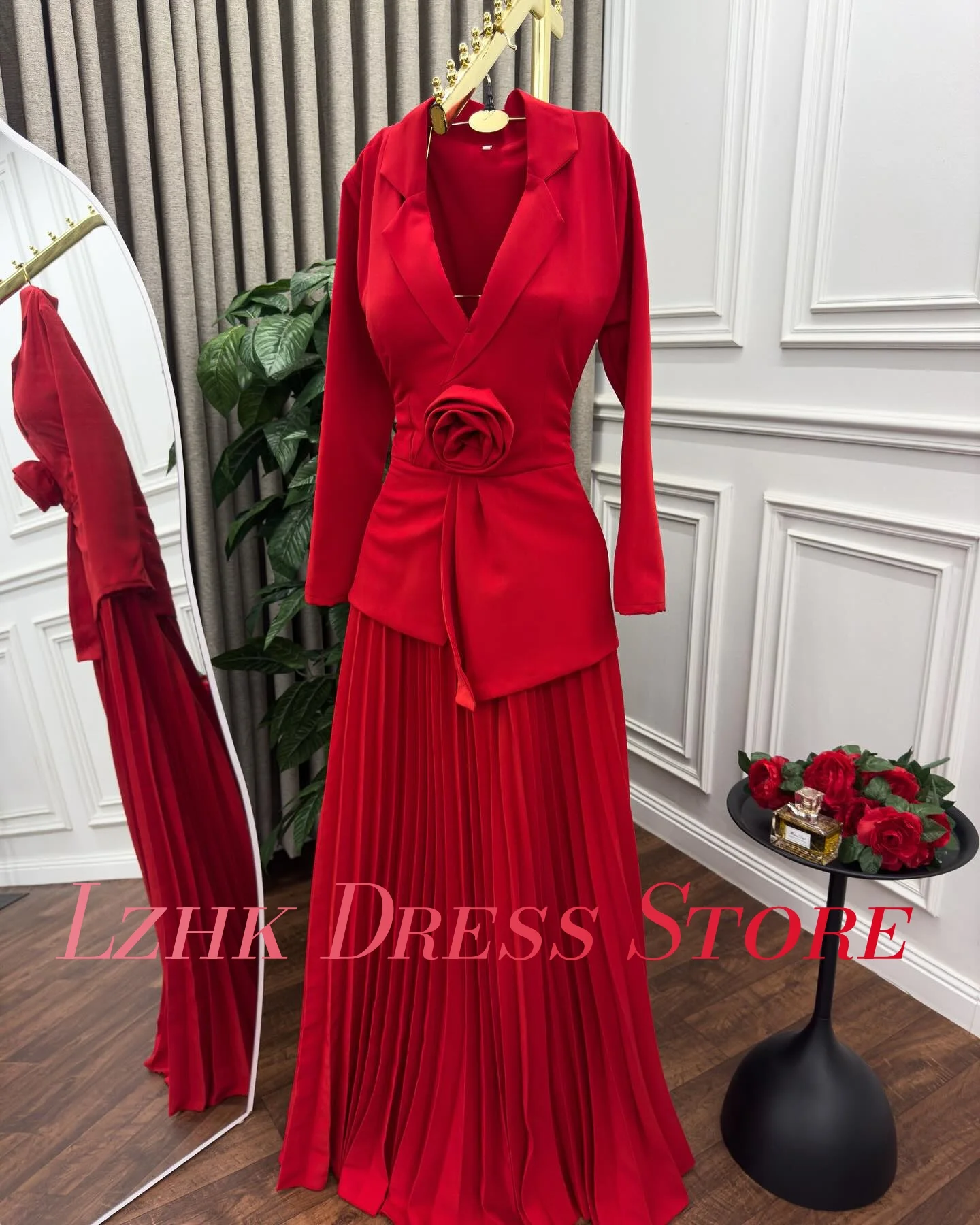 تخصيص الرسمي جيرسي ألف خط 3D الزهور مساء اللباس موضة جديدة طويلة الأكمام الخامس الرقبة الطابق طول Fساتين Sheret