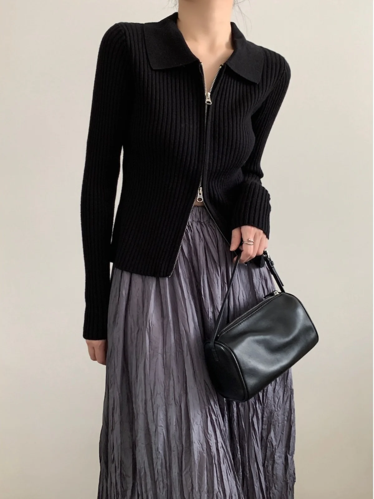 

Сексуальный черный вязаный кардиган на молнии для женщин, облегающий укороченный топ для повседневной носки, с двойной молнией, длинными рукавами, цветной