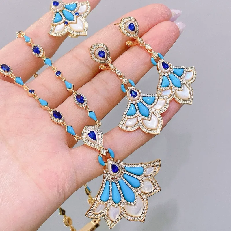 Bellux fan-shaped floral pure silver gold-plated natural shell artificial turquoise necklace earrings ring jewelry set