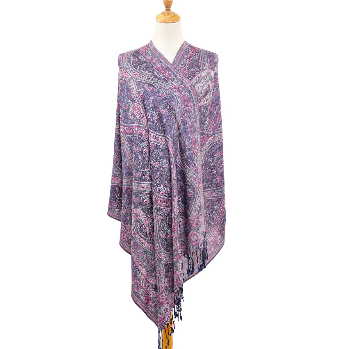 A vintage paisley cashew rayon Pashmina ethnic style fringed scarf and shawl, suitable for daily outer decoration