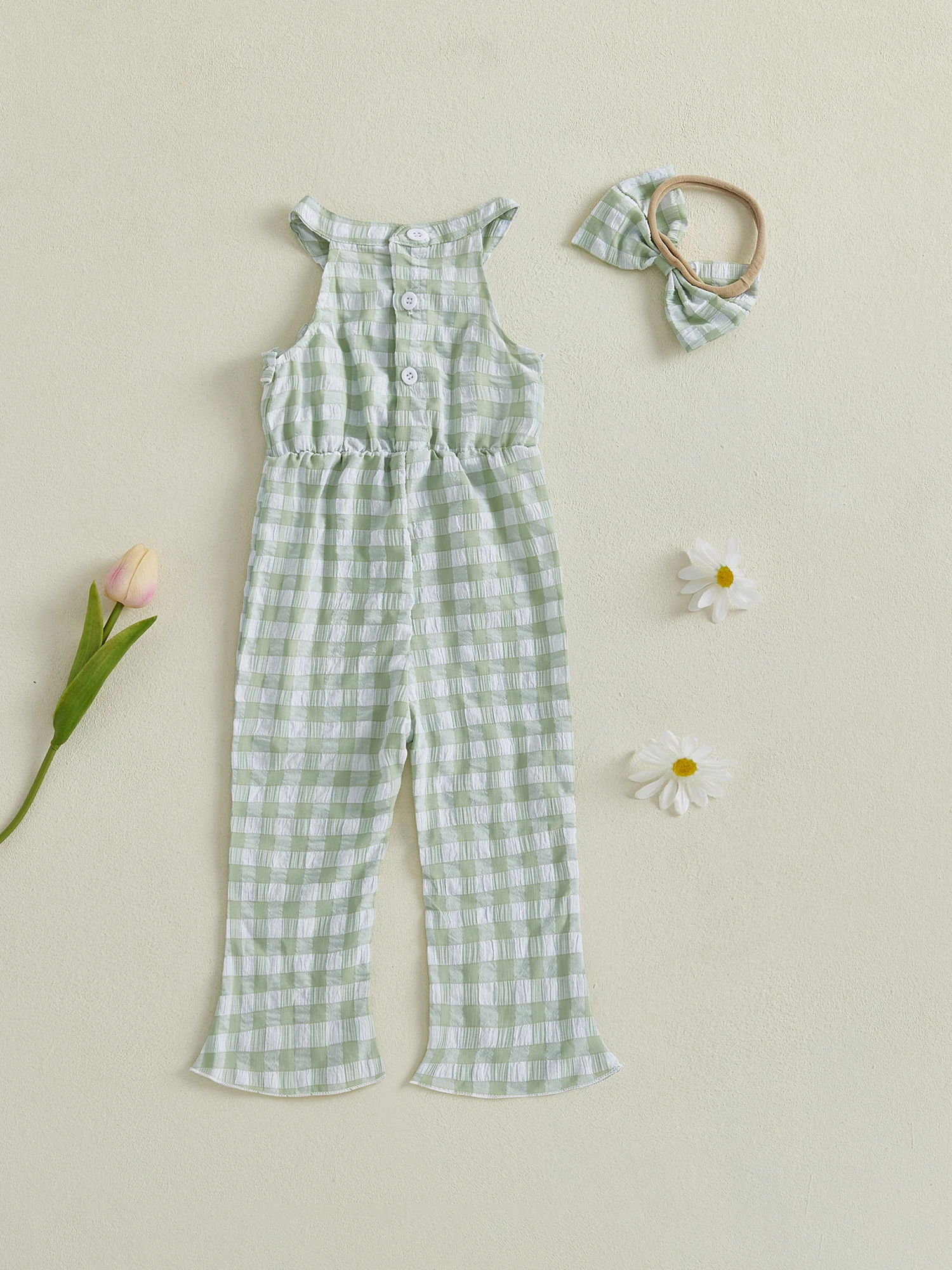 

Toddler Girls Ruffle Sleeve Romper with Bow Headband Set Cute Floral Print Jumpsuit Summer Outfits for Baby Girls