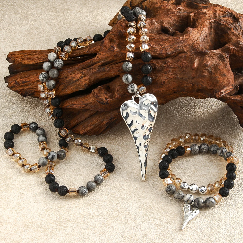 Fashion Bohemian Women Jewelry 8mm Natural Stone Glass Necklace, 2pcs Beaded Elastic Stack Bracelet Set, Pleated Heart Pendant