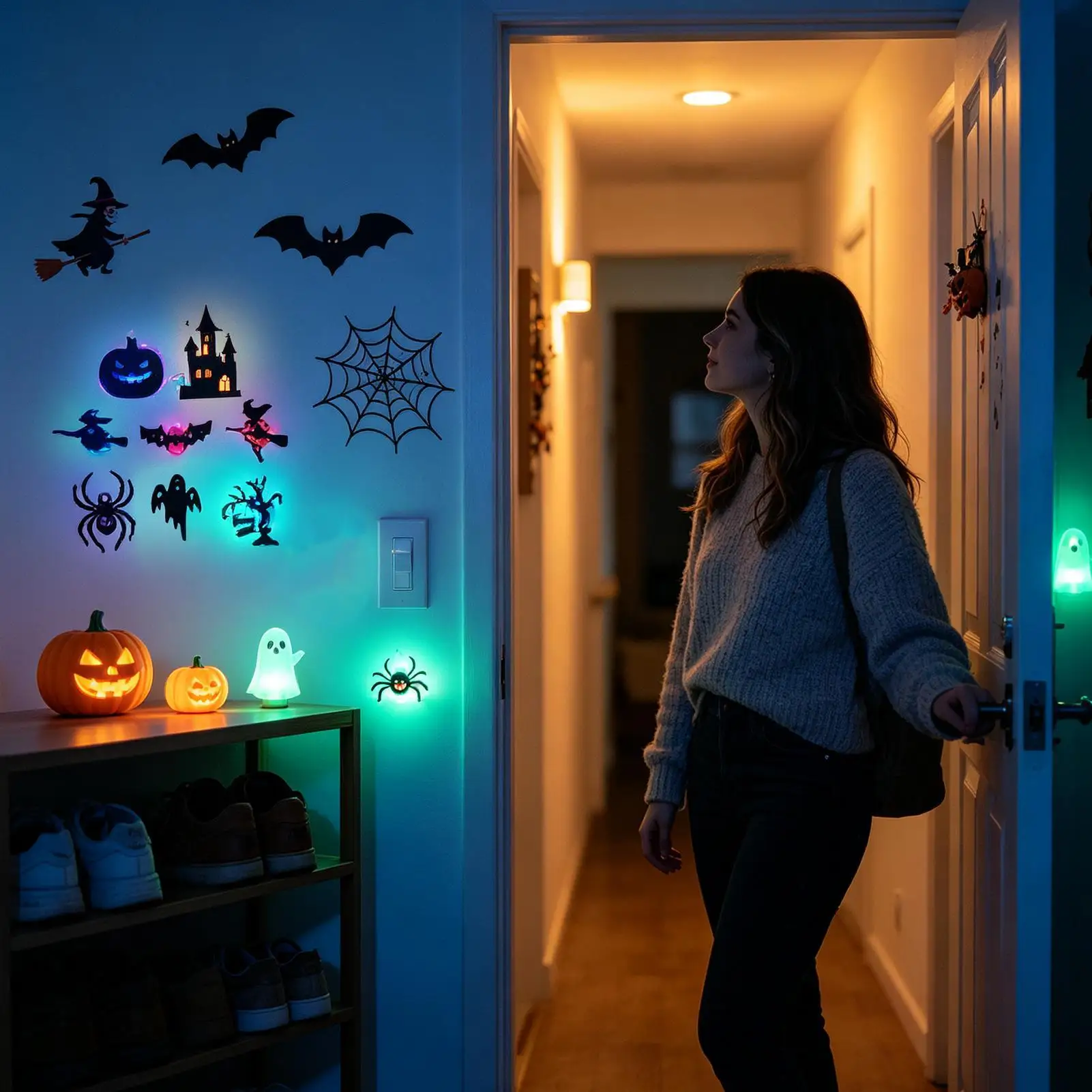 8 Pieces Halloween Wall Stickers Battery Operated LED Spooky Decor Wall Stickers Halloween Decorations for Home Bedroom Garage