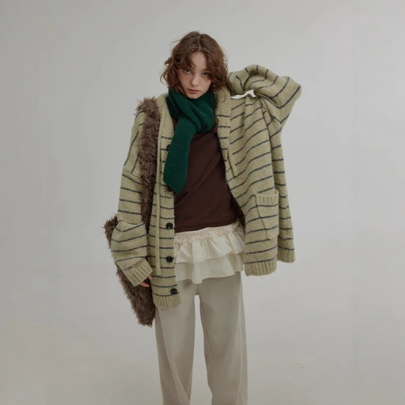 

2025 New Color-Block Striped Hooded Knitted Cardigan for Women, Autumn and Winter Retro Artistic Mid-Length Sweater Coat