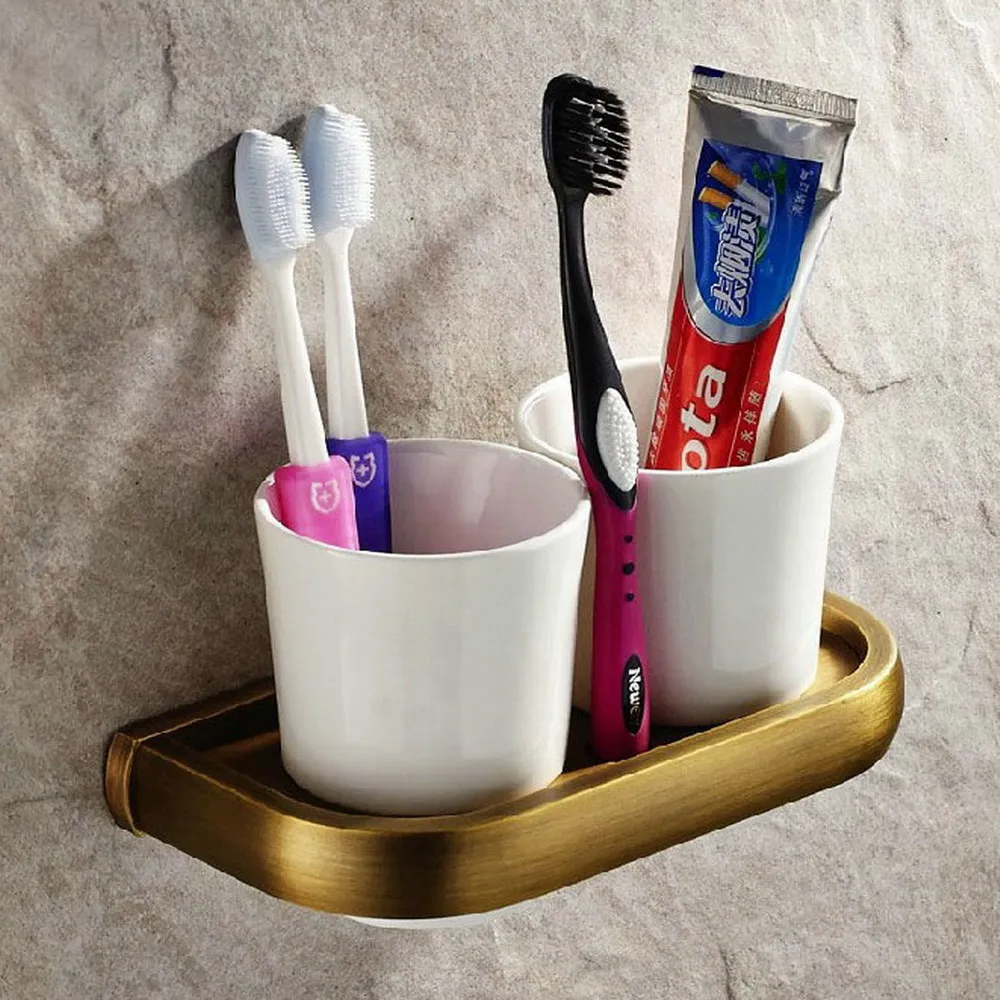 Antique Brass Toothbrush Holder With Dual Ceramic Cups Wall Mounted Bathroom Accessories aba177
