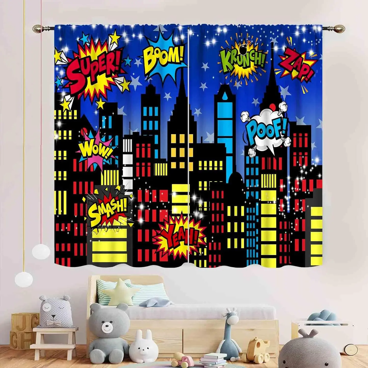 Superhero City Curtains, Comic Night Starry Skyline Cityscape Buildings Comic Blackout Window Curtains for Boys Kids Baby Room