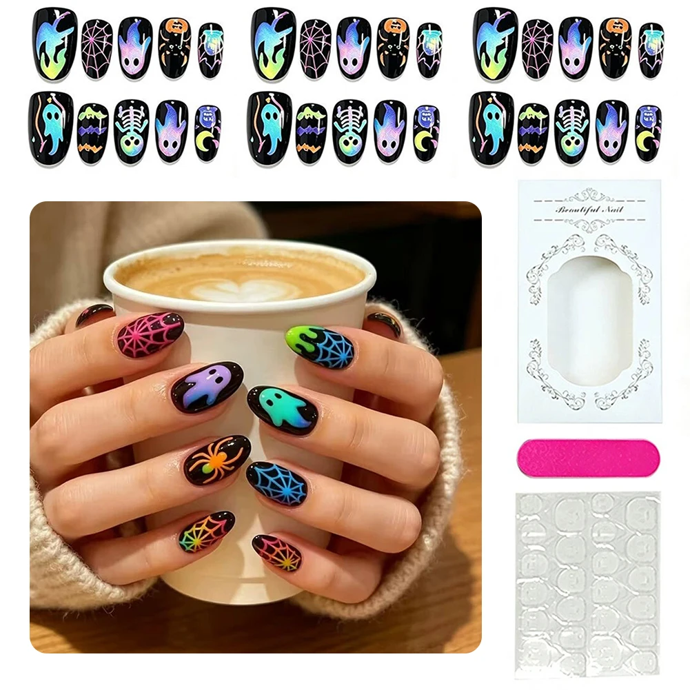 30pcs Halloween Dopamine Themed Ghost Press-On Nails,Medium Oval Fake Nails,Complete Manicure Kit,Perfect For Parties & Cosplay