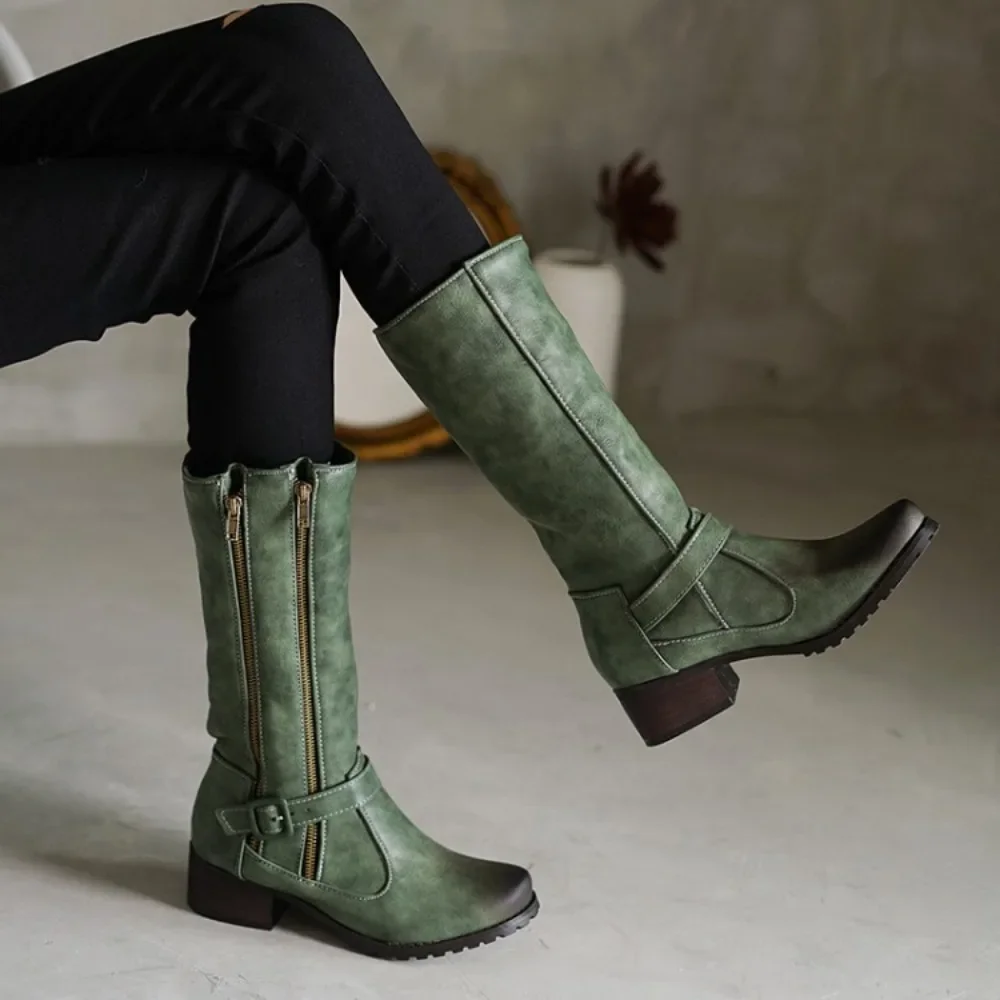 

Gothic Round Toe Cool Winter Olive Army Green Womans Shoes Combat Boots Zipper Mid-calf Women Riding Equestrian Boots