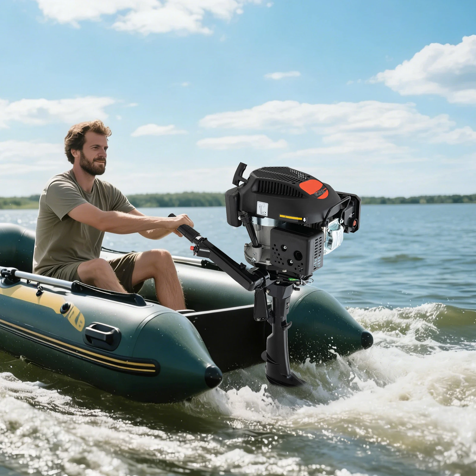 Outboard Motor, 6HP Outboard Motor, 4 Stroke Air Cooled, Short Shaft, 4500-5500RPM, Easy Installation, Tilt Adjustment, Forward Neutral Gear, Emergency Stop