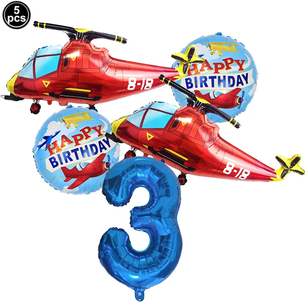 5pcs Airplane Balloons 5th Birthday Decor for Kids Red Blue Fighter Aviator Aircraft Foil Balloons for Airplane Birthday Decors