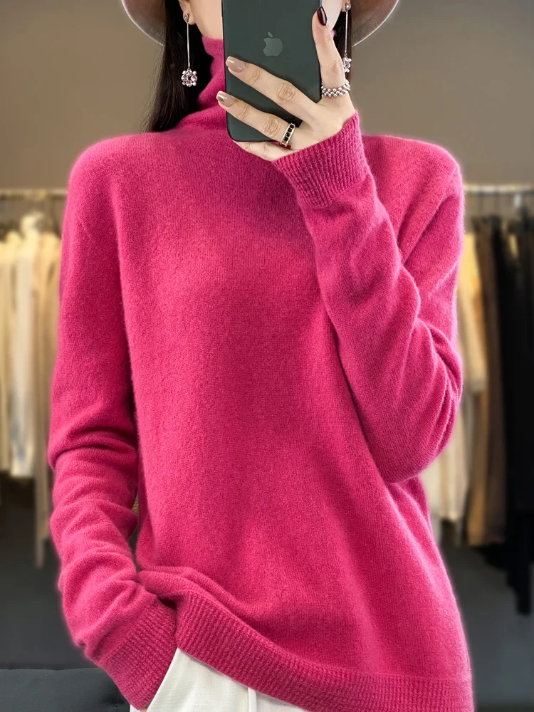 Fashion High Quality Women Sweaters 100% Pure Merino Wool Female Clothing Spring Autumn Turtleneck Top Pullovers Knitwear