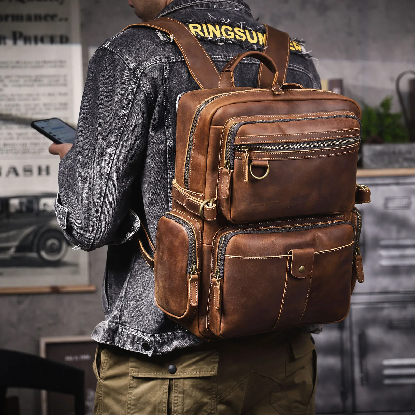 S.WORKER Vintage Echtleder-Rucksack Laptop-Tasche Casual Crazy-Horse-Leder Schultasche Outdoor-Reise-Weekender-Tasche – Detail 6
