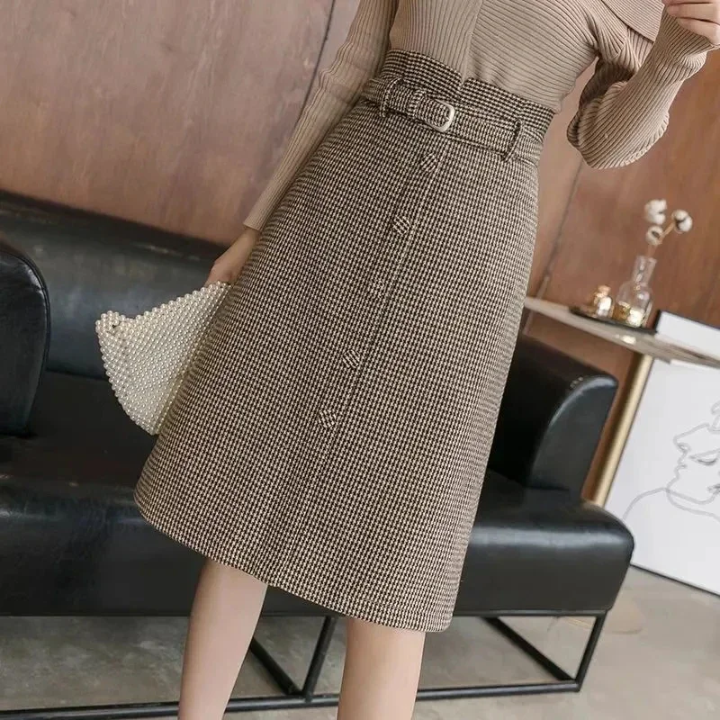 Vintage Plaid Slit Midi Skirts Women Belt Houndstooth Woolen Knitted Split A Line Skirt Korean High Waist Slim Skirt New