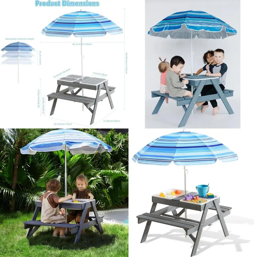 

Детский столик-трансформер 3-в-1 для пикника с песком и водой, регулируемым зонтиком, съемной столешницей, деревянный, для улицы, 3 контейнера для хранения