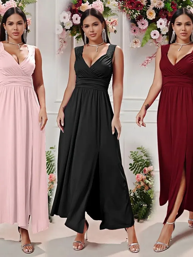 

Sexy V-neck Sleeveless Lace Hem Slit Women's Dress 2026 Spring And Autumn New Fashion Waist-length Ankle-length Dress Female
