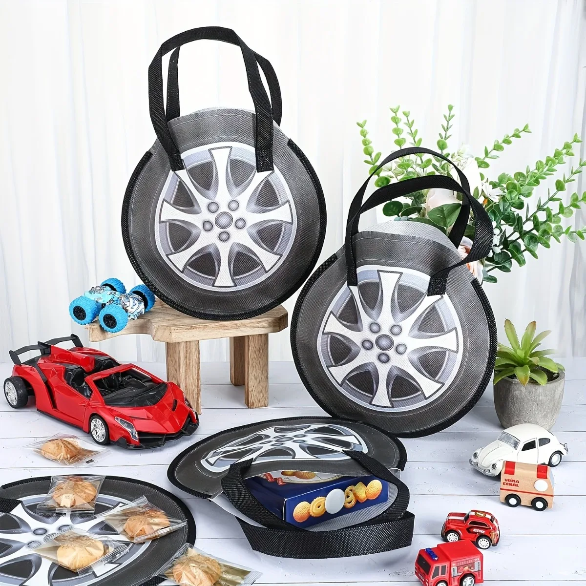 10pcs Durable Non-Woven Car-Shaped Tote Bags with Sturdy Handles Tire Tote Bag Birthday Parties Racing Events Holiday Gifts