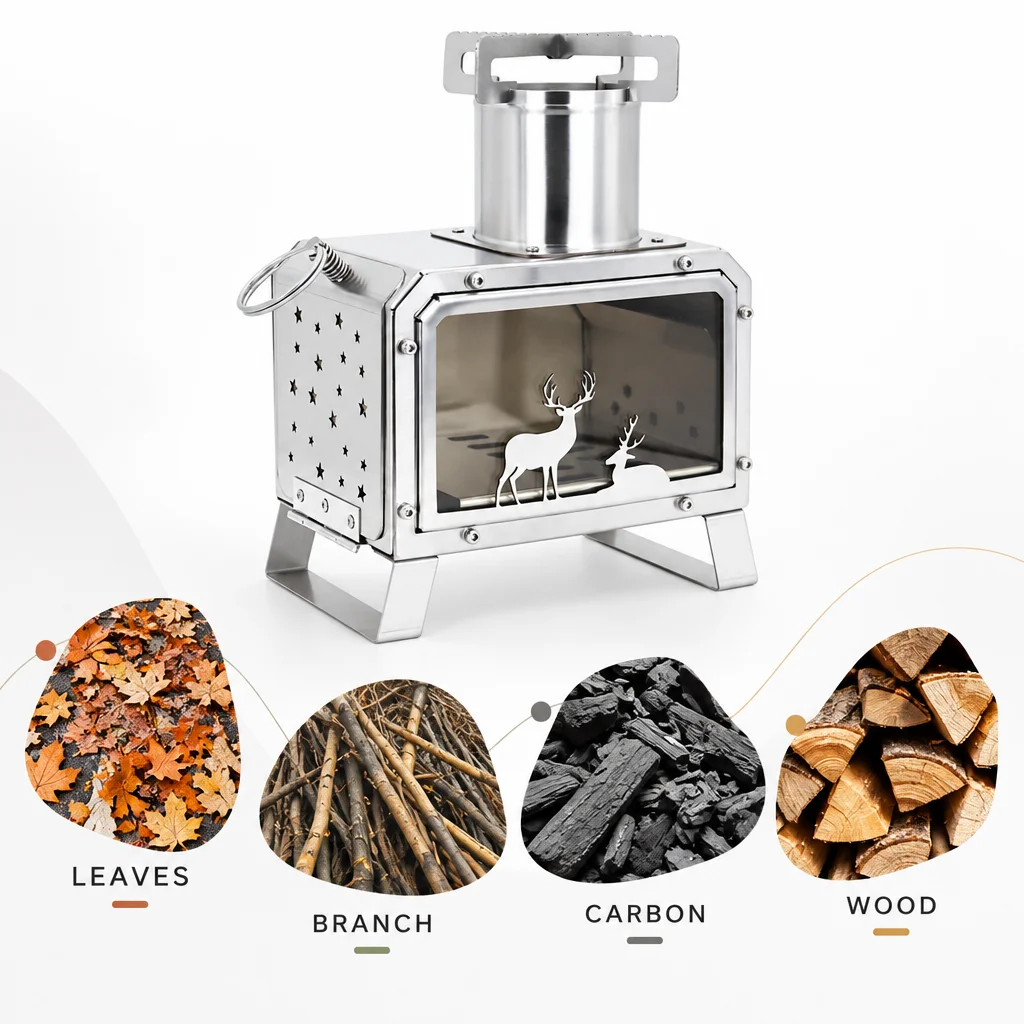 Table Firewood Stove for Outdoor Camping Picnic Portable BBQ Stainless Steel Stove with Glass Side Window