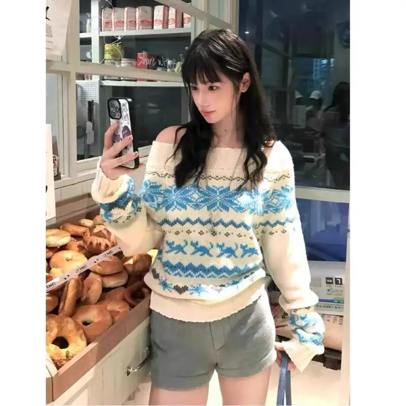 

Women's Clothing Off-The-Shoulder Sweater Autumn and Winter New Knitwear Retro Tops Long Sleeves Sexy Fashion Versatile