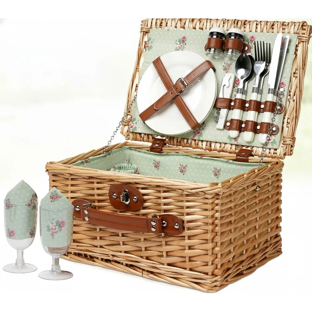 

Handmade Willow Picnic Basket for 2 with Utensils, Perfect for Outdoor Camping and Romantic Dates