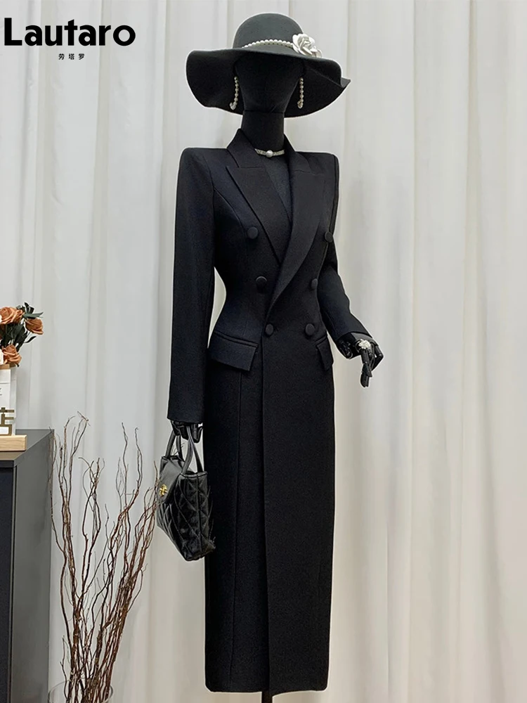 Фото Женский приталенный черный блейзер-пальто Lautaro на весну-осень, двубортный, элегантный, роскошный, шикарный, в европейском стиле, 2025