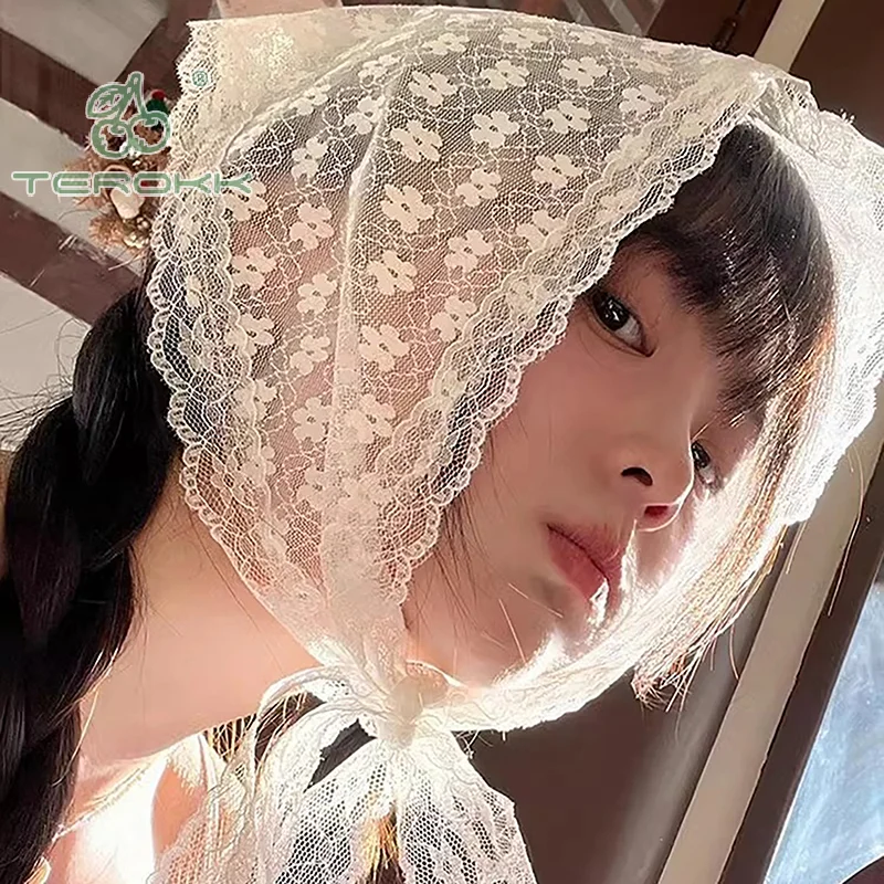 French White Lace Flower Triangular Scarf Women's Summer Sweet Tied Hair Headscarf Triangle Scarf Clothing Accessories