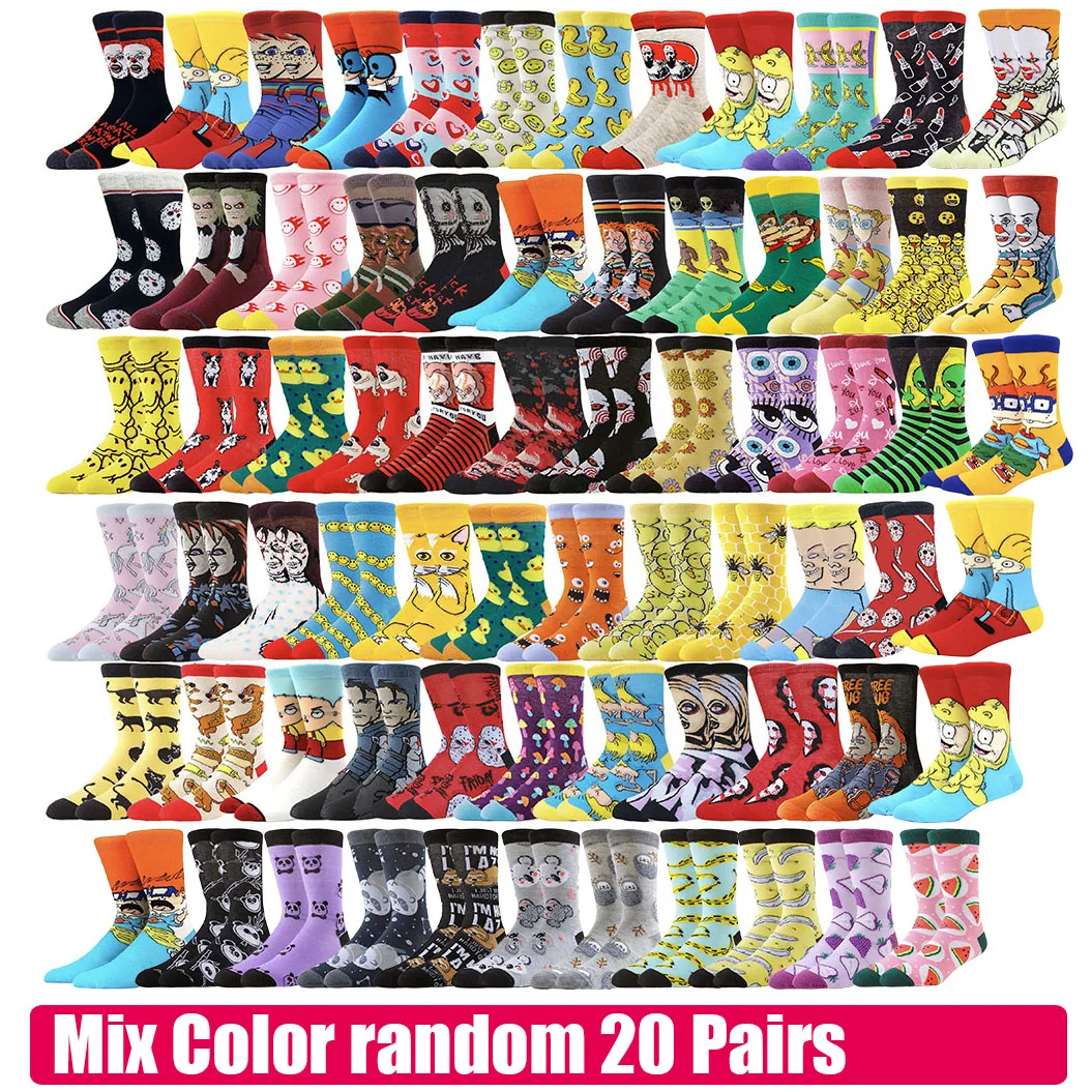 20Pairs Street Fashion Happy Socks Men Women Tube Socks Designer Hip Hop Funny Novelty cartoon anime Dress Socks Durable