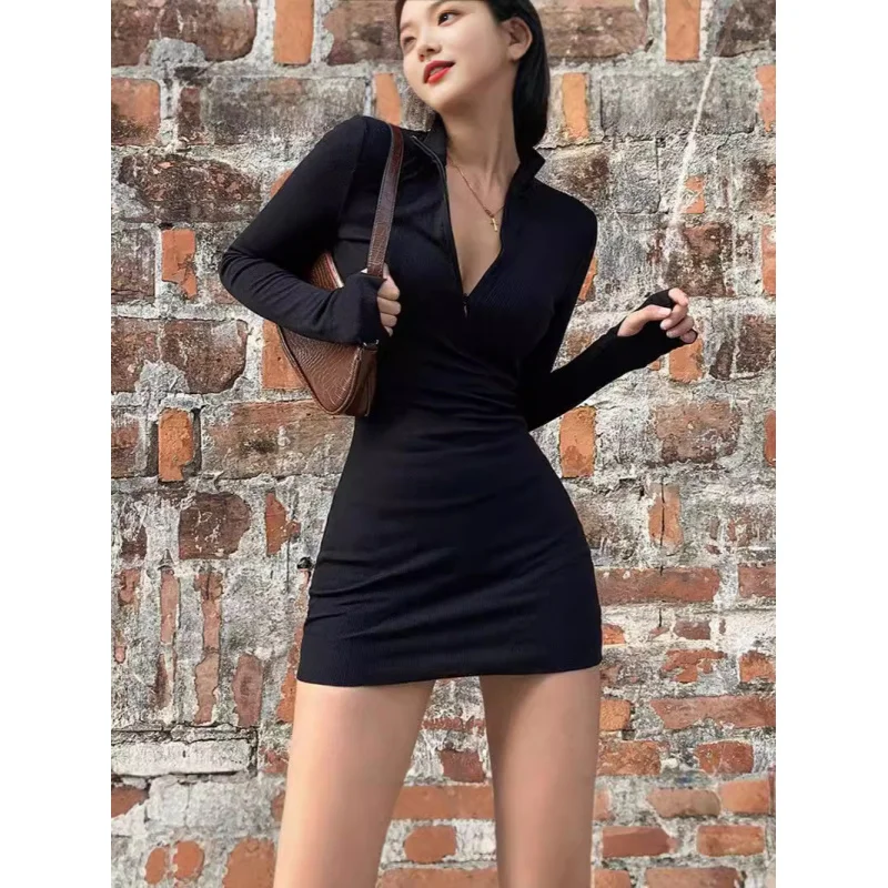 

2025Autumn Clothing New Women's Clothing European and American Long Sleeve Zipped round Neck Sheath Fashion Dress