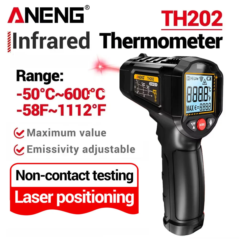 ANENG Infrared Thermometer Non-contact -50~600℃ Digital Laser Temperature Meter TH202 LCD Display Pyrometer Point Gun Tester