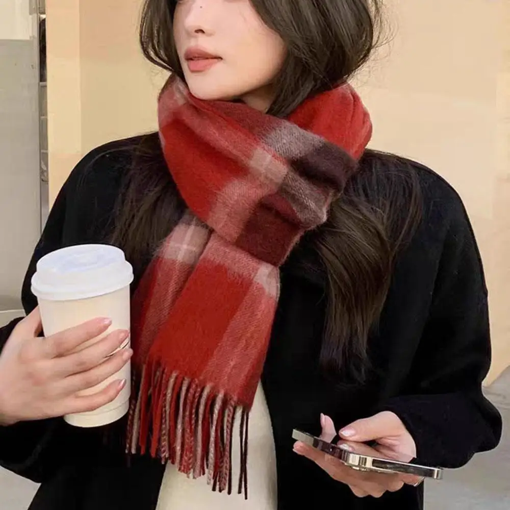 女性スカーフチェック柄ラップスカーフカップルのショール-100-ウールユニセックスファムヴィンテージ秋冬ネックウォーマープレッピーパシュミナ-mujer