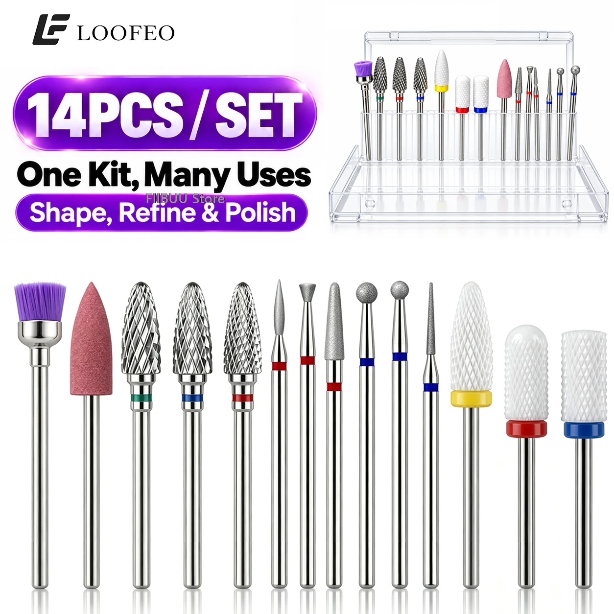 14PCS Nail Drill Bit Carbide/Silicone/Ceramic Set with Case E-File Bits for Gel Polish Removal Acrylic Nail and Cuticle Cleaning