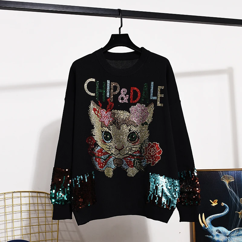 Spring Autumn Women Two-piece Sets Cartoon Hot Drilling Knitted Pullovers Sweater Top + Loose Casual Harem Pants Streetwear Suit