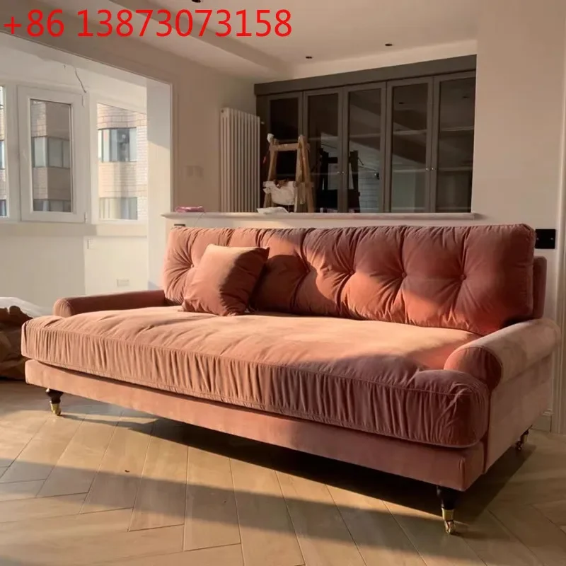 

Light luxury three-person sofa down filled removable and washable American retro yellow style velvet dark green sofa