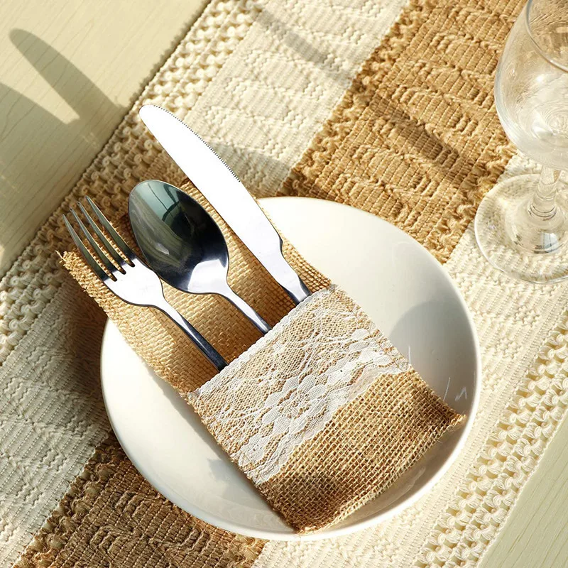 10Pcs/Lot Burlap Cutlery Holder Lace Tableware Pouch Pocket Christmas Silverware Holder Pockets Wedding Table Decoration