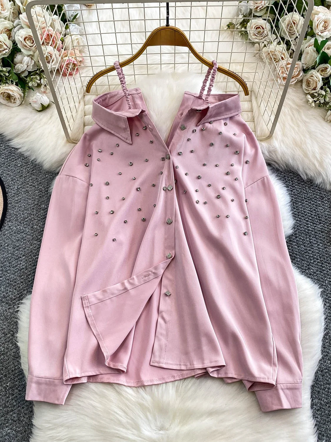 Sexy oulder Bared soie irt femmes automne hiver Faionable exquis embelli bouton Strapl Long Sve tenue décontracté