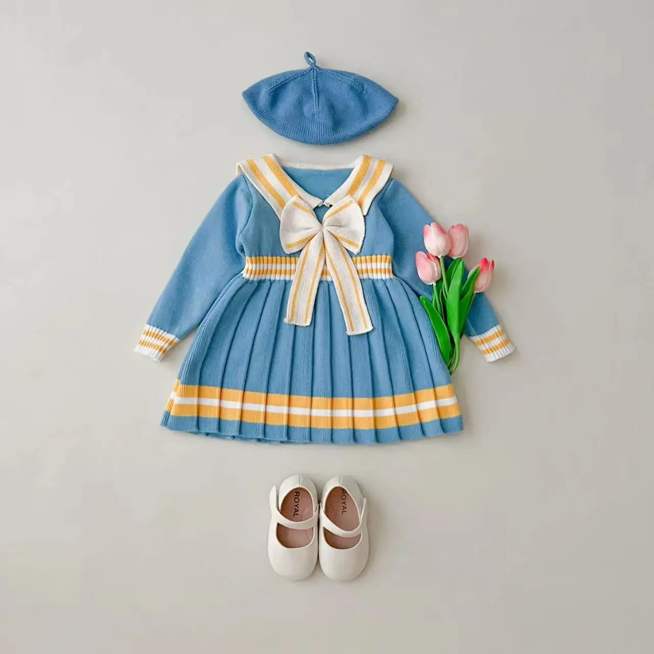 Girls' Campus Style Pullover Sweater Dress  Knitted Half Body Pleated Skirt Navy Style Children Knitted Dress