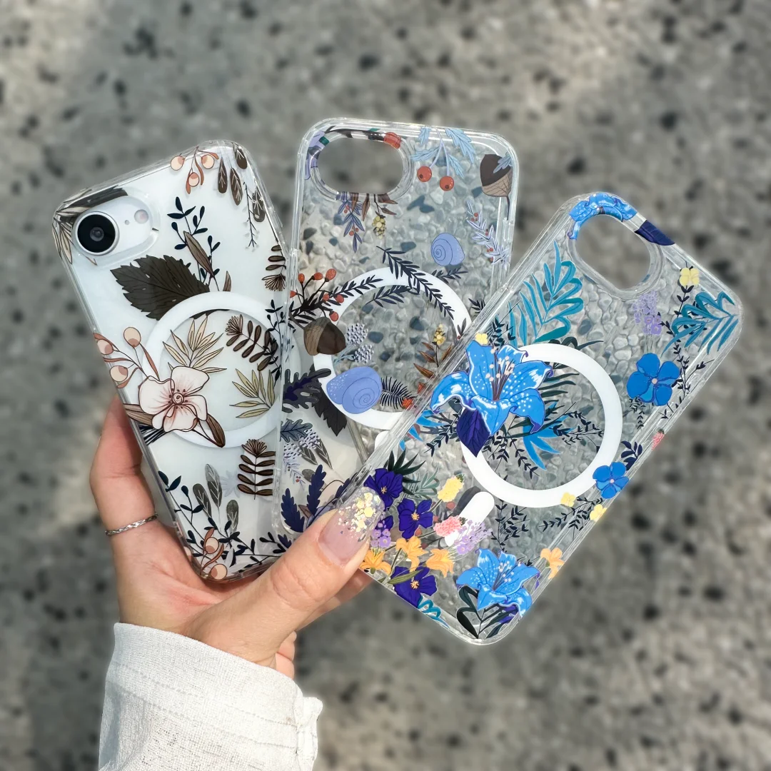 Fashion Cute Flower Pattern Clear Phone Case For iPhone 17 Air 16 15 14 Pro Max 11 12 13 Magsafe Magnetic Wireless Charge Cover