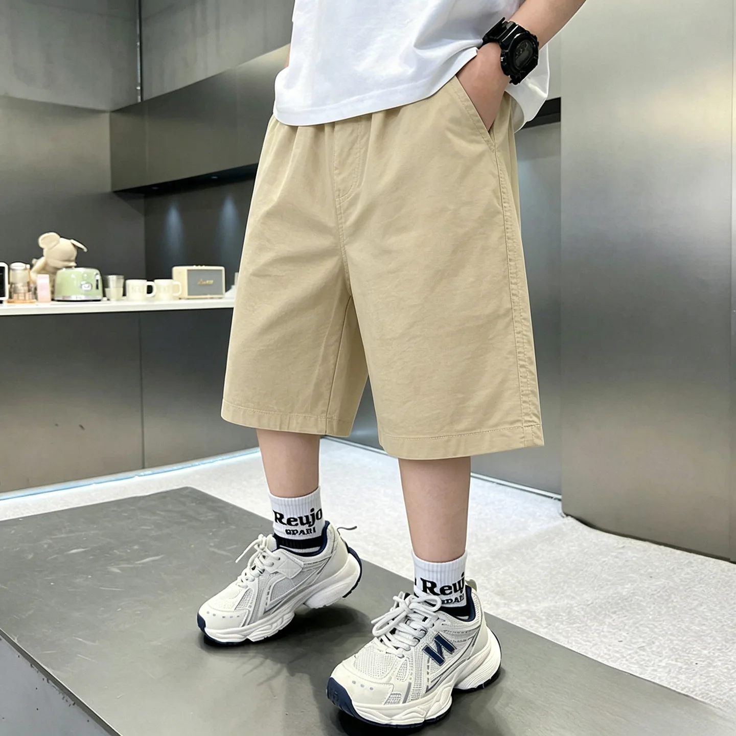 New Kids Shorts for Boys Solid Color Casual Knee-Length Summer Sport Clothes in Khaki/Navy - Children's Korea Style Short Pants