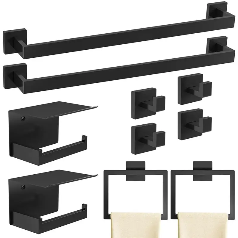 AEE4-10-Piece Matte Black Bathroom Hardware Accessories Set, 24 Inch Towel Bar, Stainless Steel Towel Racks For Bathroom
