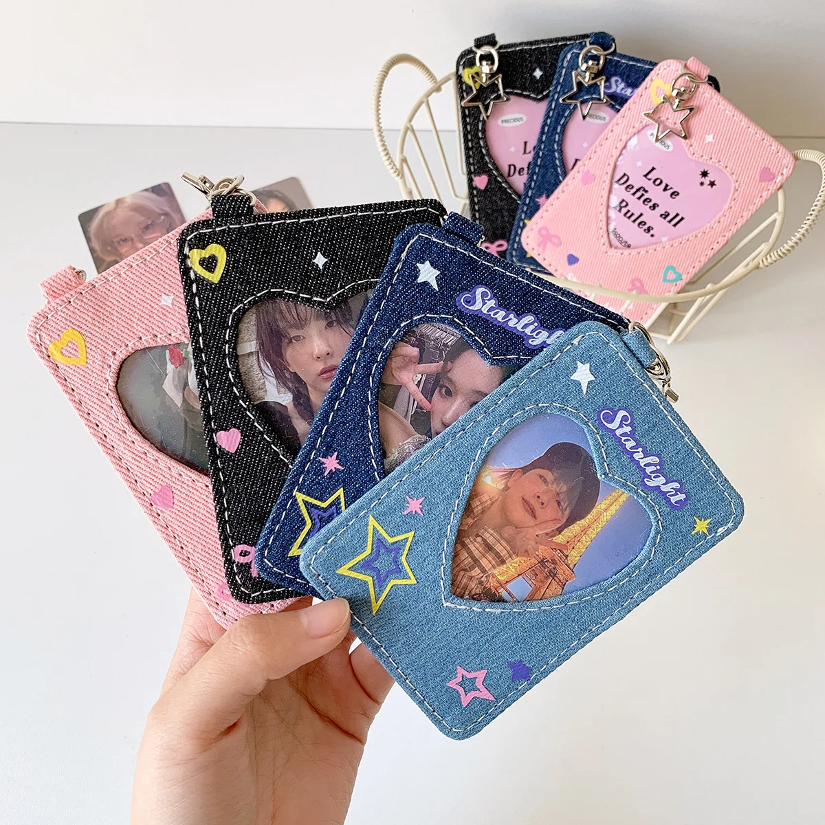 Denim Star Card Holder Y2K Style 3 Inch Kpop Photocard Case Instax Photo Display Pendant Campus Bus ID Protector Keychain