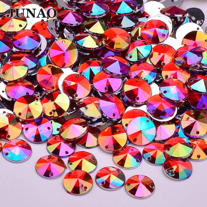 JUNAO 1000Pcs 10mm Red AB Round Rivoli Rhinestone Applique Flat Back Acrylic Strass Sew On Stones For Women Dress Clothes