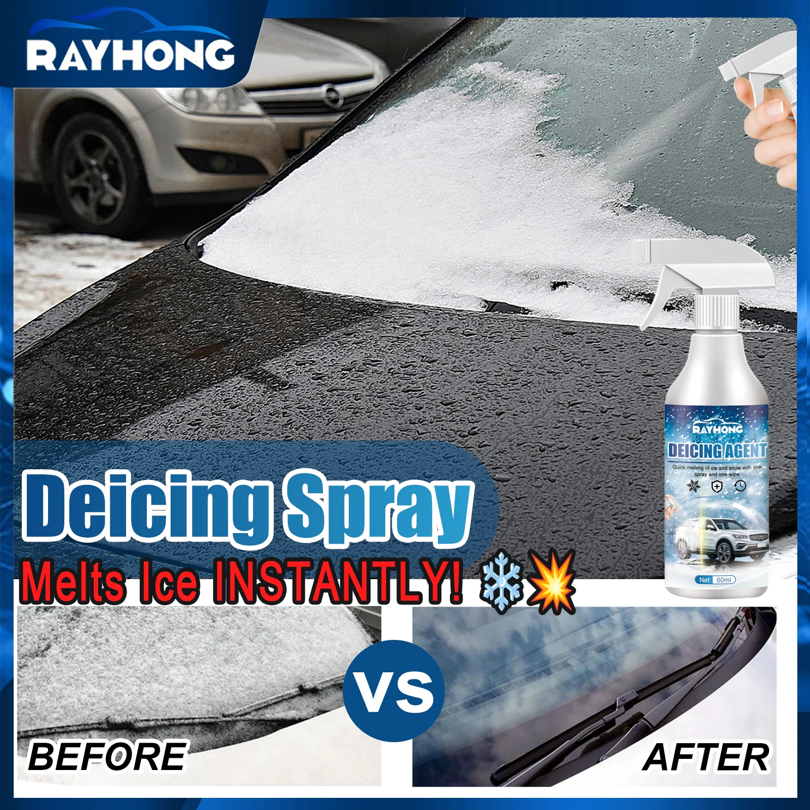 Instant Car Windshield De-Icer Spray Quick Ice Melter for Cars Down to -45°C for Glass Locks Windows Fast Thawing Fluid 60ml