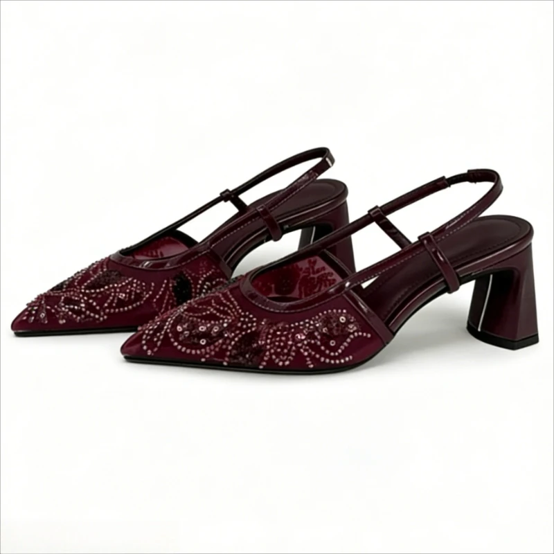 

Sequin String Bead Embellished Heels Women Sexy Mesh Pointy Toe Chunky Heel Sandals Luxury Banquet Slingback Shoes Zapatos Mujer