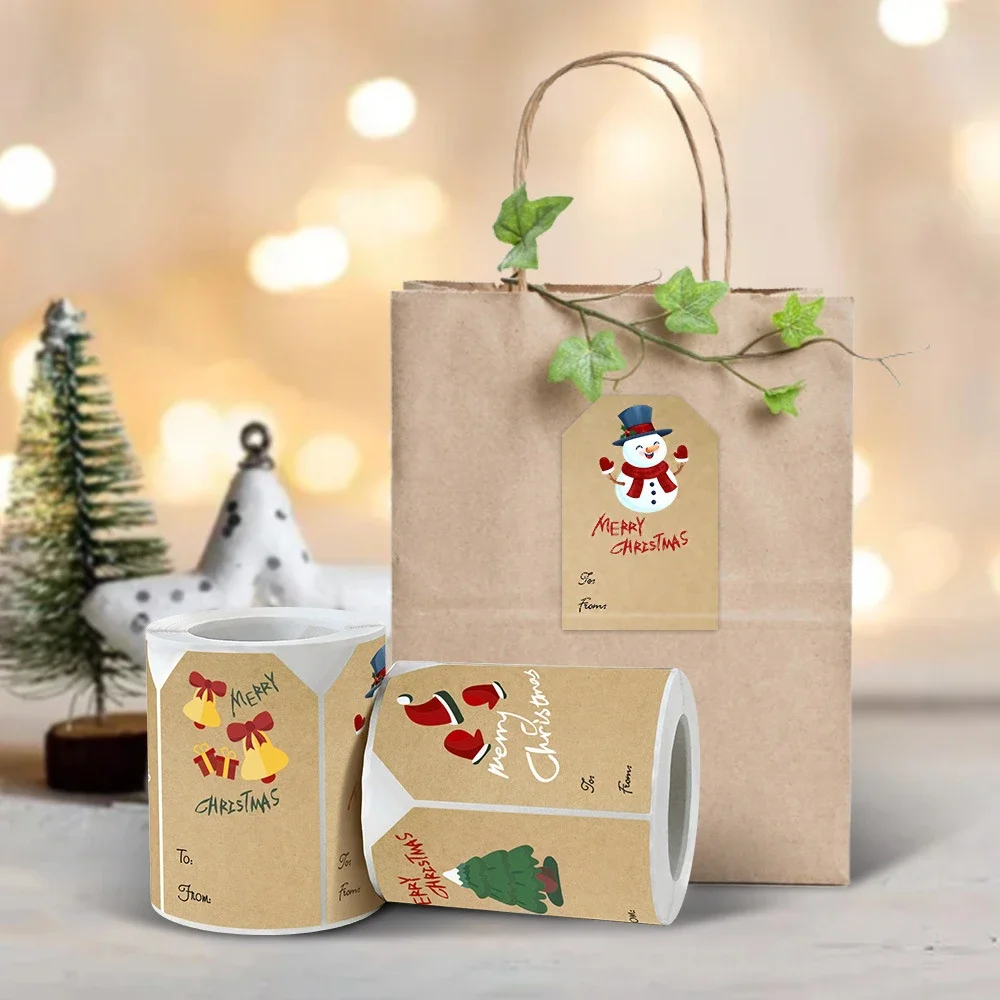 250PCS/Roll Cartoon Square Kraft Paper Stickers 75*50MM Christmas Tree Snowman Labels