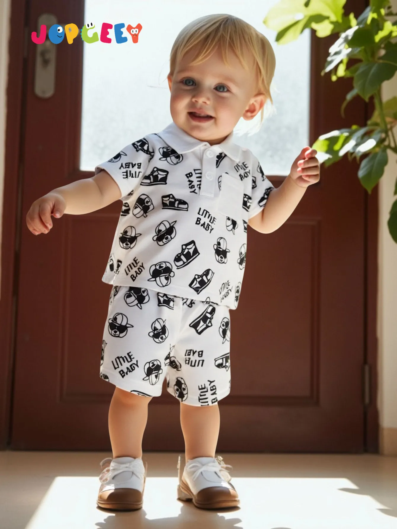 Baby Boys 2-Piece Fashionable Print Collar Pocket Decoration Short-Sleeved Top And Shorts Set for Summer