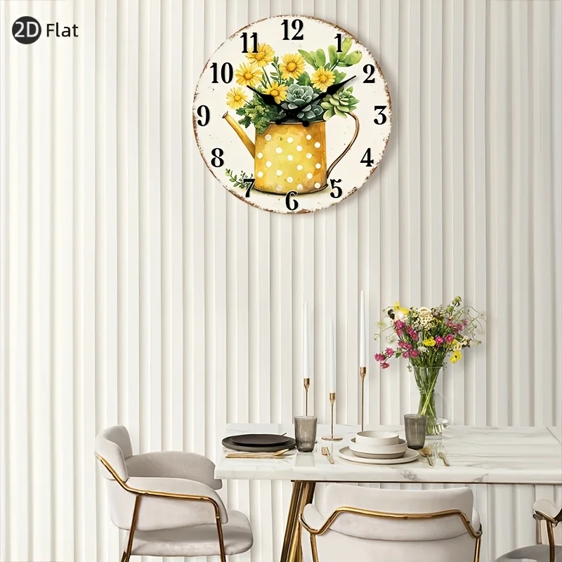 A Silent Wooden Wall Clock - Featuring a 2D Round Design with a Pattern of Yellow Daisies And a Polka Dot Watering Can, Suitable for Decorating Living Rooms, Kitchens, Bedrooms
