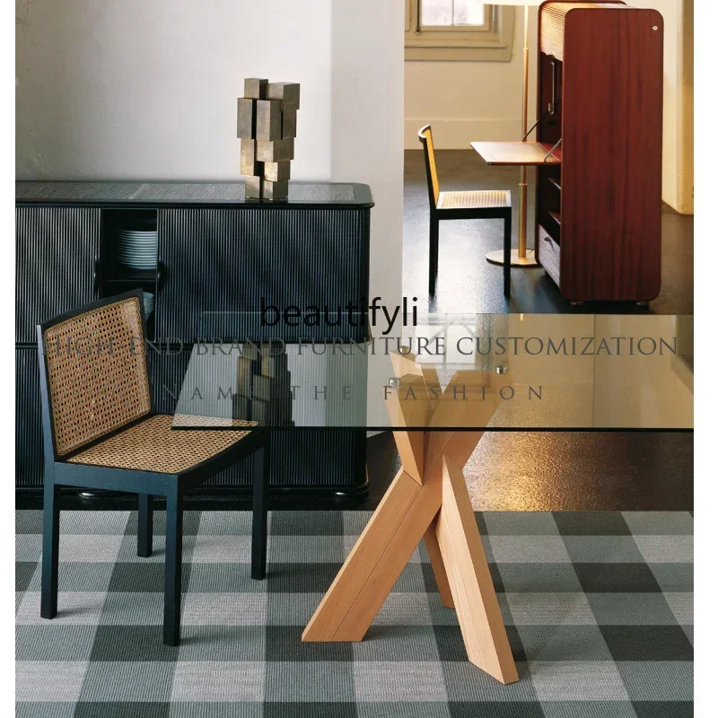 

A90 Italian tempered glass dining table, modern household oak leg tea table
